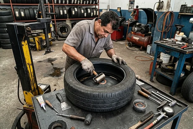 Técnico consertando um pneu com equipamentos específicos na borracharia.