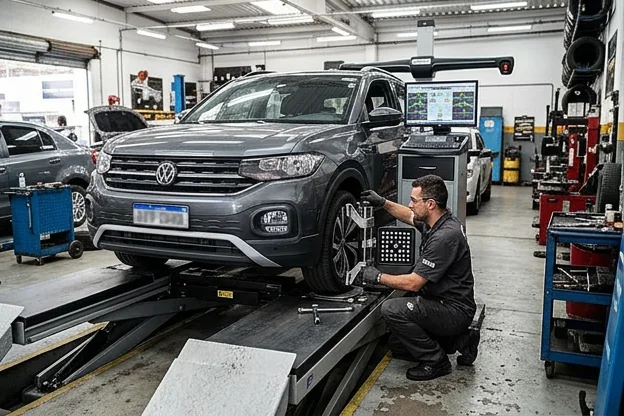 Técnico realizando alinhamento de rodas com ferramentas na borracharia.